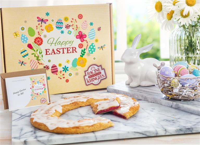 Easter Kringle Box surrounded by Easter decorations and Kringle. 