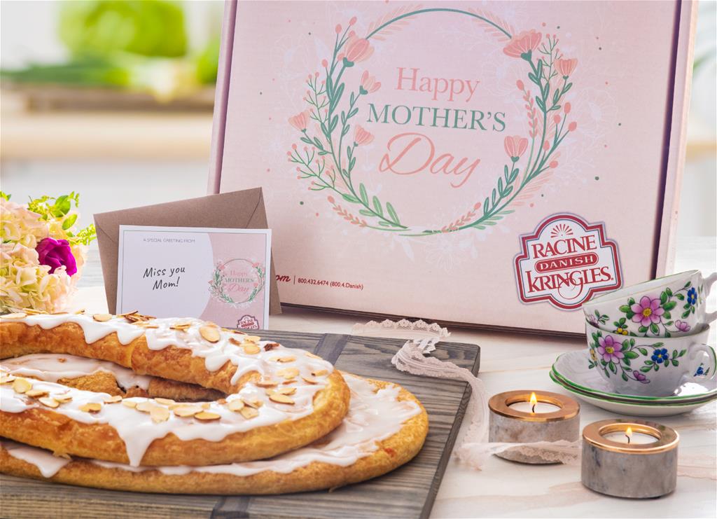 Mother's Day Box surrounded by Kringle and flowers. 