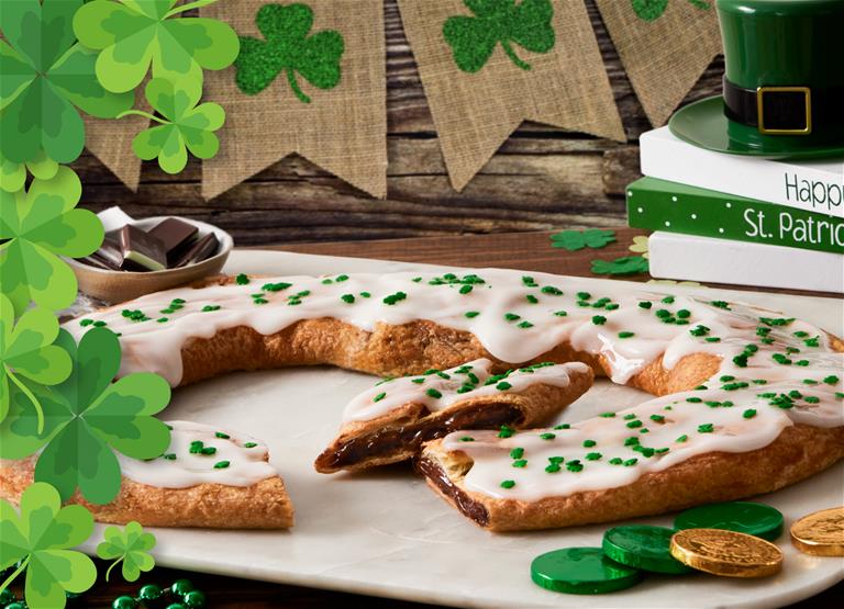 St. Patrick's Day Kringle surrounded by St. Patrick's Day decorations. 