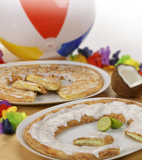 Coconut and Key Lime Kringle with beach lei, cracked coconut and beach ball. 
