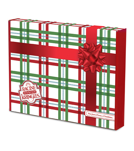 Holiday Gift box with red bow in artwork with raspberry and pecan Kringle in front on plate