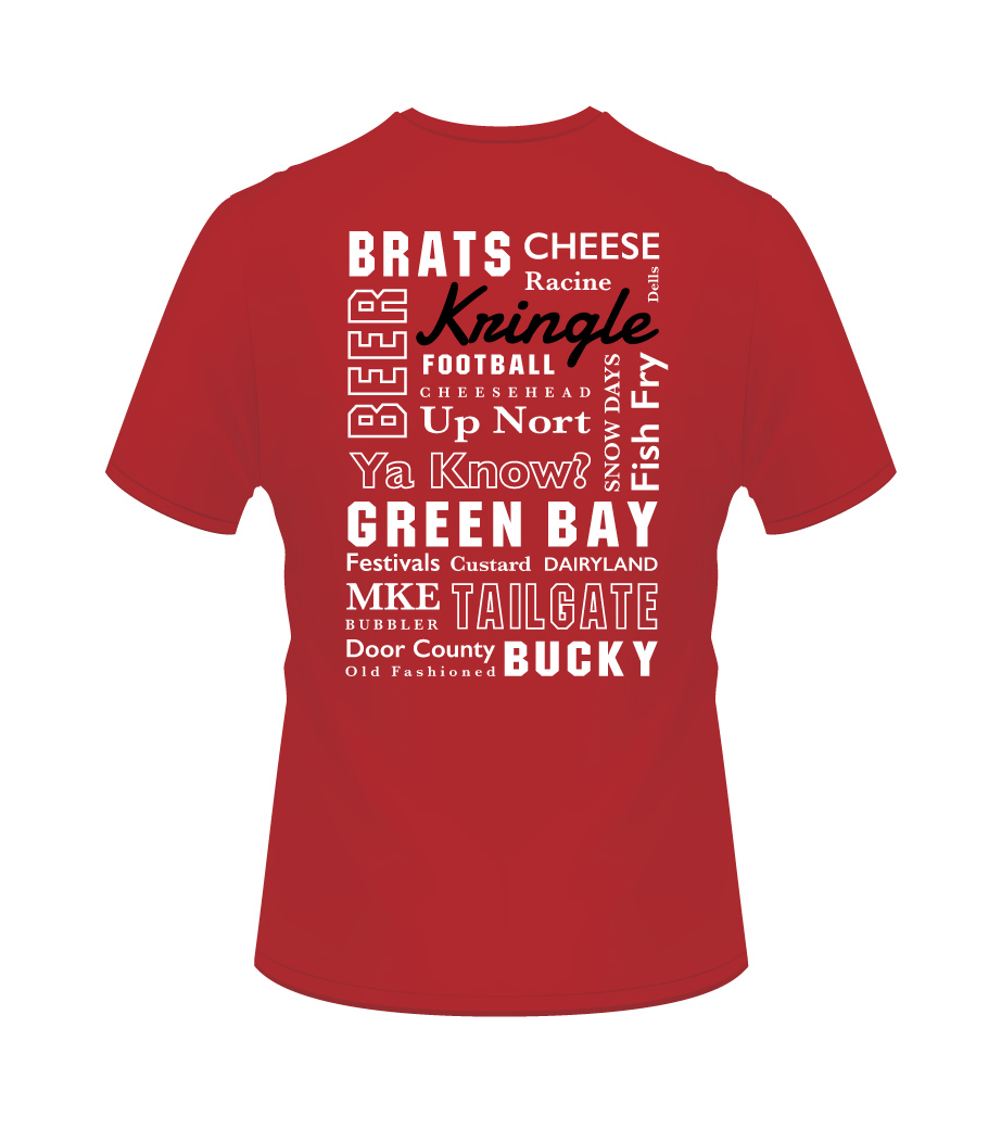 Back of red t-shirt with Wisconsin words and sayings